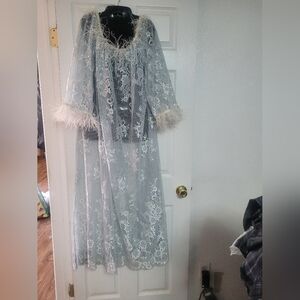 Elegant Lace Robe with Feather Trim